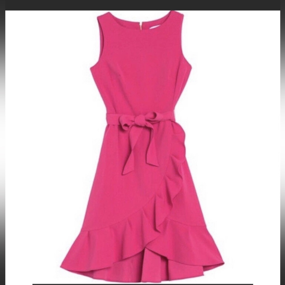 NWT Calvin Klein Hot Pink Sleeveless Sheath Ruffle Dress With Tie Belt Size 4